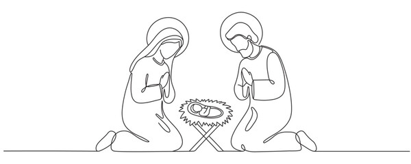 Continuous one line Christmas vector Christian nativity scene of baby Jesus with Mary and Joseph. Bethlehem scene. Editable line
