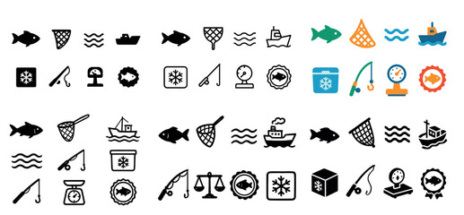 Fishing icon set: nets, boats, fish, hooks, lines