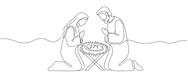 Continuous one line Christmas vector Christian nativity scene of baby Jesus with Mary and Joseph. Bethlehem scene. Editable line