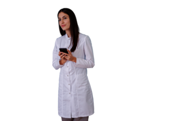 Female medical professional standing, holding and using a mobile phone for health technology communication with transparent background