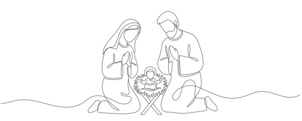 Continuous one line Christmas vector Christian nativity scene of baby Jesus with Mary and Joseph. Bethlehem scene. Editable line