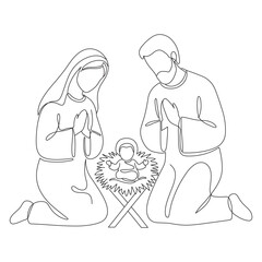 Continuous one line Christmas vector Christian nativity scene of baby Jesus with Mary and Joseph. Bethlehem scene. Editable line