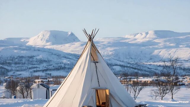 Cozy Tipi Standing in a Pristine Snowy Landscape with Majestic Mountains Under a Clear Sky.