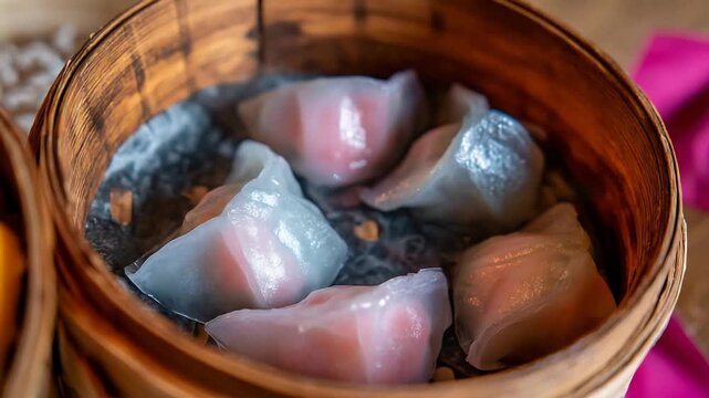 Mouthwatering Transparent Har Gow Dumplings Steaming in a Traditional Wooden Basket.