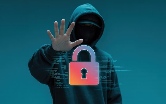 Cybersecurity threat Hacker with a padlock icon and digital data