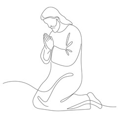 Jesus Christ praying, drawn with one continuous line. Christian symbol of Easter and Christmas in a simple line style. Editable stroke. Vector illustration