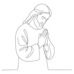 Jesus Christ praying, drawn with one continuous line. Christian symbol of Easter and Christmas in a simple line style. Editable stroke. Vector illustration