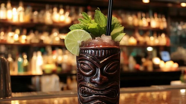 Exotic Tiki Cocktail with Lime and Mint at a Stylish Bar with Warm Lighting.