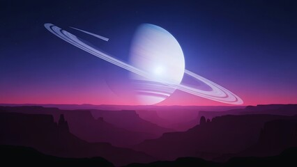 A sci-fi landscape silhouette of an alien world's canyon, under a purple and pink gradient sky with a giant, glowing ringed planet.