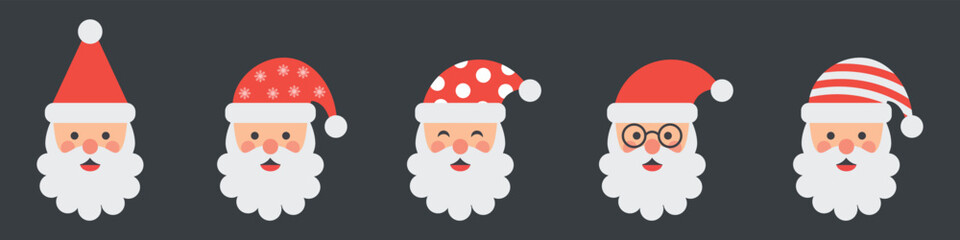 Set of cute cartoon icons with Santa Claus's face. Christmas stickers. Vector illustration