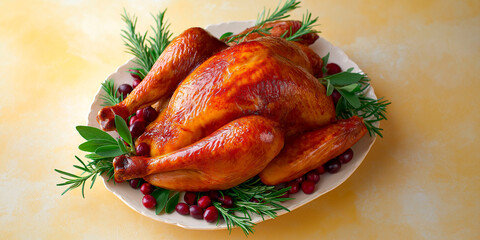 Golden roasted whole turkey garnished with fresh rosemary, sage and cranberries on a white plate against a warm yellow background