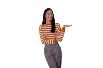 Young woman smiling, presenting concept or showing area with open hand gesture, standing on a transparent background
