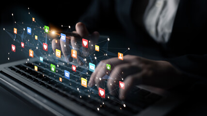 Social media interaction digital icons floating show concept of social media marketing. Online engagement, influencer marketing, and modern connection technology. Spline