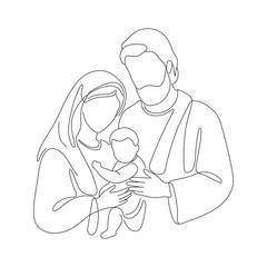 Continuous one line Christmas vector Christian nativity scene of baby Jesus with Mary and Joseph. Bethlehem scene. Editable line