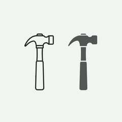 Hammer Silhouette and Outline Icon – Construction Tool Vector Illustration