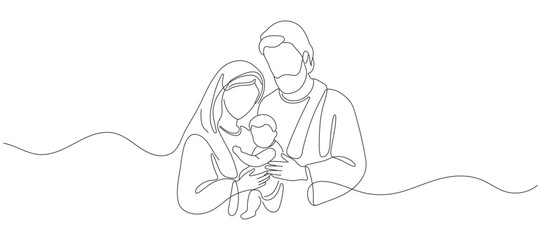 Continuous one line Christmas vector Christian nativity scene of baby Jesus with Mary and Joseph. Bethlehem scene. Editable line
