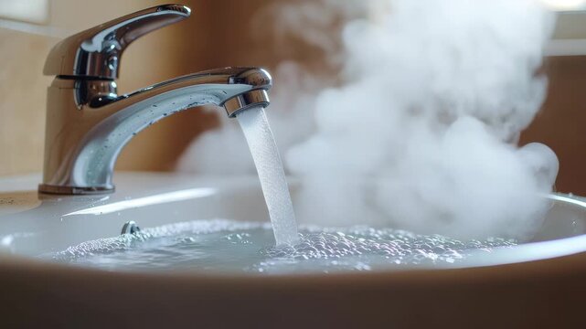Close-Up of Faucet Running Hot Water with Gentle Steam Rising in a Bathroom Sink