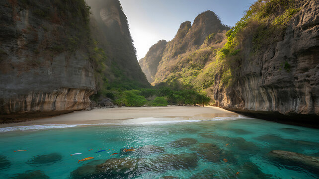 Tropical beach cove with turquoise water and colorful fish swimming island ocean - Powered by Adobe