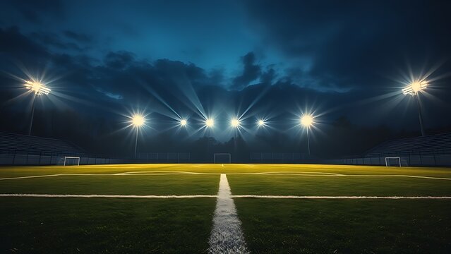 floodlights. Empty soccer field at dusk with striking floodlights creating an atmospheric glow. event key visuals, club posters, designed for sports event promotions and stadium branding.