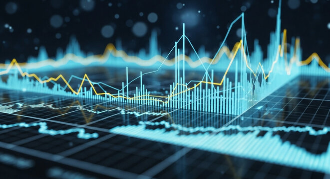 Abstract Futuristic Financial Data Visualization with Graphs and Charts