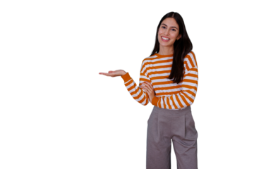 Woman presenting and showing empty hand palm for product or text with smiling face and transparent background