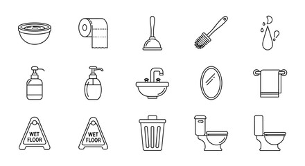 Collection of simple, isolated line icons representing bathroom essentials and cleaning tools, perfect for graphic design, app development, and educational materials. Includes toilet, sink, plunger