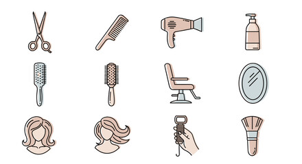 Set of flat design icons for beauty salon and hairdressing services, including scissors, combs, hair dryer, brushes, shampoo bottle, mirror, salon chair, and hair styling tools, perfect for branding