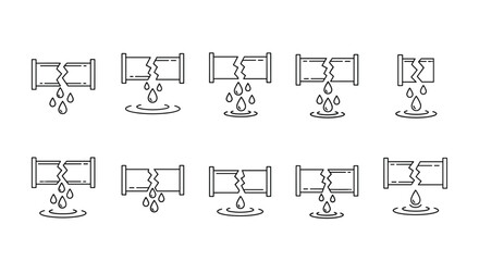 Set of minimalistic thin outline icons depicting broken pipes with water leaks, symbolizing plumbing issues, water damage, and maintenance needs. Ideal for web design, app interfaces, banners, social
