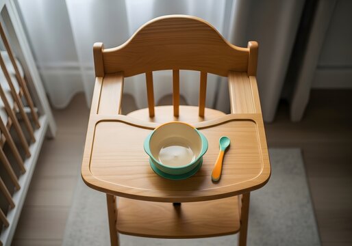 Overhead flat lay of a wooden high chair with a weaning set