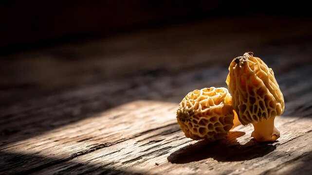Close up of two fresh morel mushrooms glowing in a ray of sunlight on rustic wood.