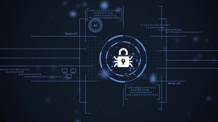 futuristic user interface for threat detection and system lockdown. digital cybersecurity interface with a cyan threat indicator and data codes. cybersecurity hud with a cyan cyber bug lock. - Powered by Adobe