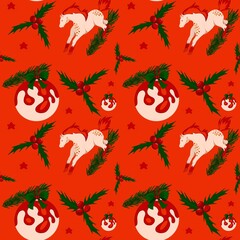 Christmas and New Year holiday pattern with horse, holly, pine branches, berries, Christmas toys and stars.