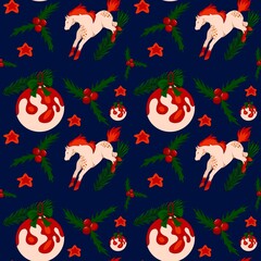 Seamless Christmas pattern with horse, holly, pine branches, berries, Christmas toys and stars on blue background.