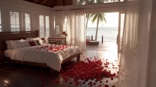 Elegant bedroom with red rose petals on bed and floor romantic setting luxury travel hotel interior design tranquil ambiance soft light