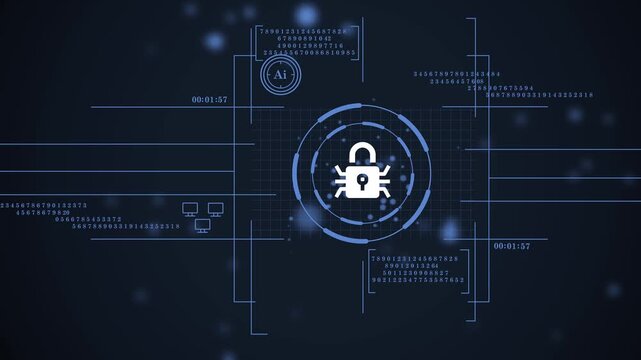 futuristic user interface for threat detection and system lockdown. digital cybersecurity interface with a cyan threat indicator and data codes. cybersecurity hud with a cyan cyber bug lock. - Powered by Adobe