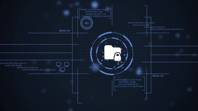 Advanced Data Encryption HUD for Cyber Protection and AI Analysis. Futuristic Cybersecurity Interface with Digital Lock and Data Matrix. Virtual Cyber Defense Dashboard Featuring Secure Folder Icon. 