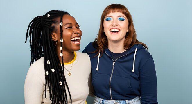 👩🏽‍🤝 Joyful Friendship: Two Women Laughing and Sharing a Moment of Connection