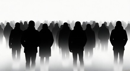 Conceptual black and white image of a crowd of human silhouettes representing society, unity, and anonymity in a foggy void