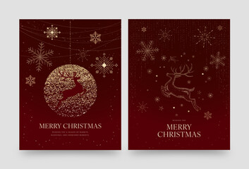 Elegant Red and Gold Christmas Poster &mdash; Luxury Reindeer and Snowflake Winter Holiday Vector Design
