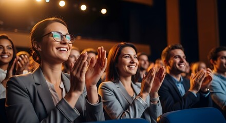 Audience applauding speaker at business conference smiling for success, people celebrating achievement wearing formal suits in auditorium theater