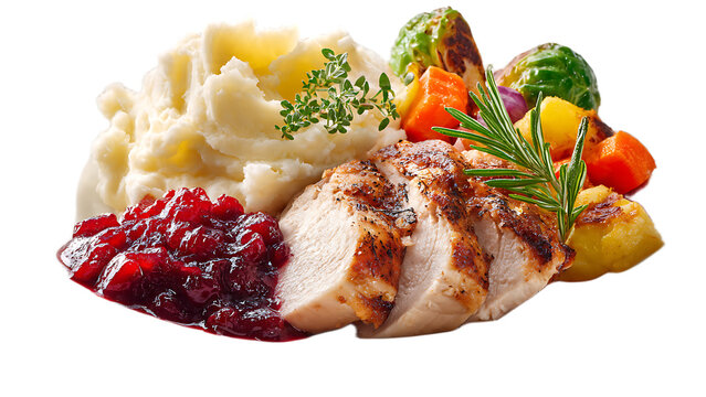 A thanksgiving dinner plate with turkey cranberry sauce mashed potatoes and roasted vegetables