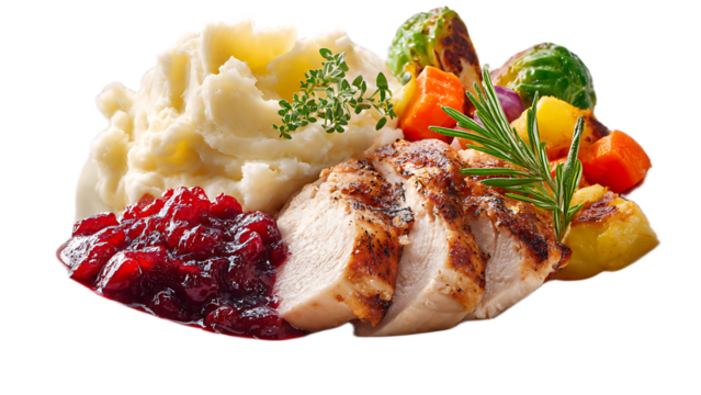 A thanksgiving dinner plate with turkey cranberry sauce mashed potatoes and roasted vegetables