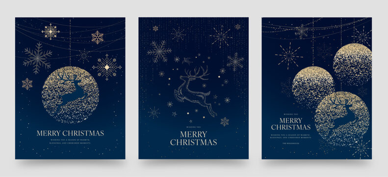 Luxury Blue and Gold Christmas Poster — Elegant Reindeer and Snowflake Holiday Vector Background - Powered by Adobe