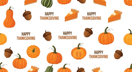 Happy thanksgiving seamless pattern with pumpkins acorns and pumpkin pie slices on a white background