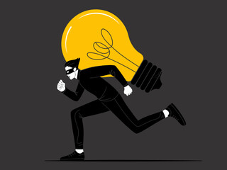 A dynamic illustration shows a masked thief running with a giant lightbulb, symbolizing the theft of ideas and creativity in a dark backdrop that evokes urgency and intrigue.