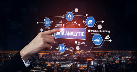 A hand touches a virtual interface showcasing data analytics, big data, and machine learning concepts, set against a glowing city skyline backdrop. Tessel