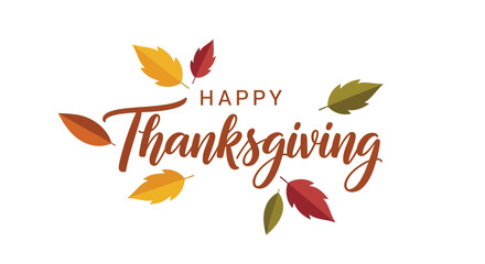 Happy thanksgiving text with falling autumn leaves in warm colors on a white background