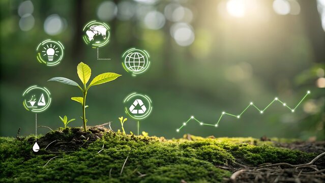 Green plant with glowing eco icons symbolizing sustainable growth