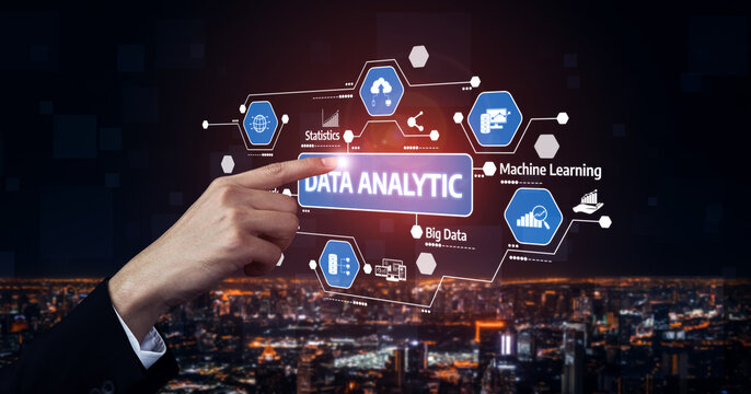 A hand touches a virtual interface showcasing data analytics, big data, and machine learning concepts, set against a glowing city skyline backdrop. Tessel - Powered by Adobe