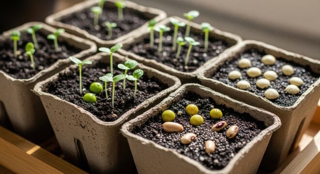 Growing seedlings shown in biodegradable pots with soil, showcasing young plants and seeds in various stages of germination. Growing seedlings in organic soil provides foundation for healthy growth.